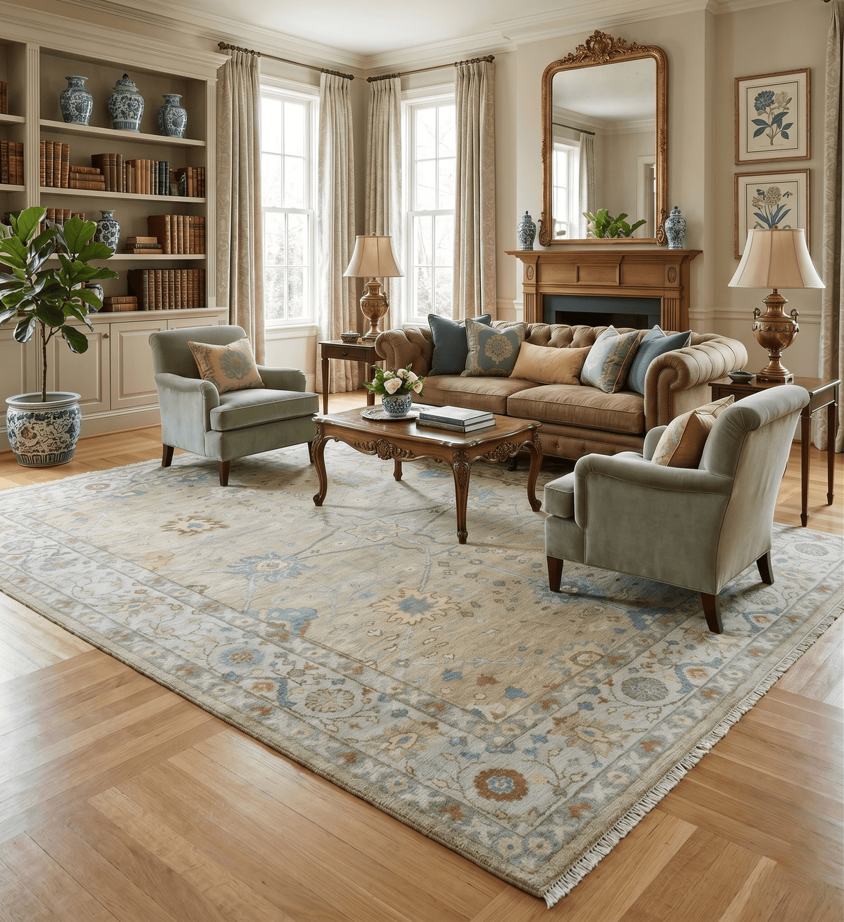 Hand Knotted Beige and Ivory Traditional Floral Wool Area Rug