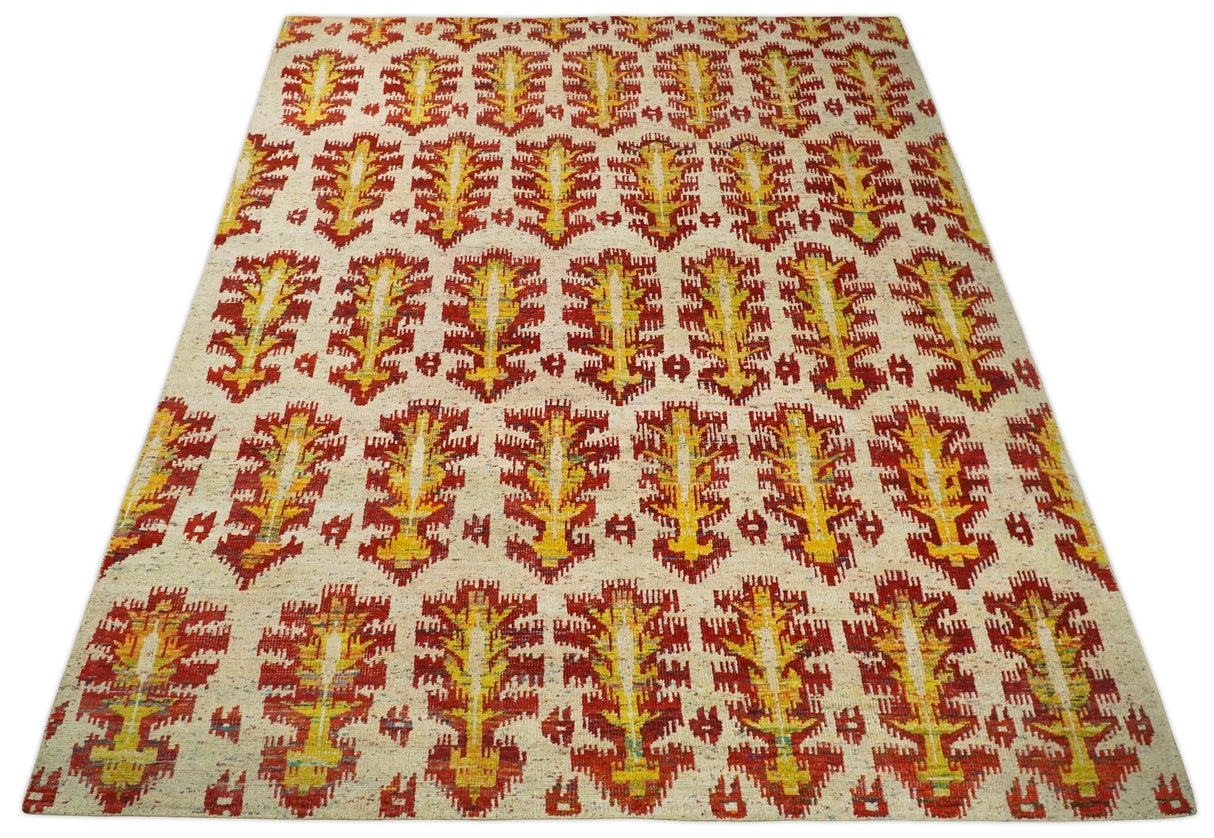 Hand Knotted Beige, Rust and Gold Modern Contemporary Southwestern Tribal Trellis Recycled Silk Area Rug