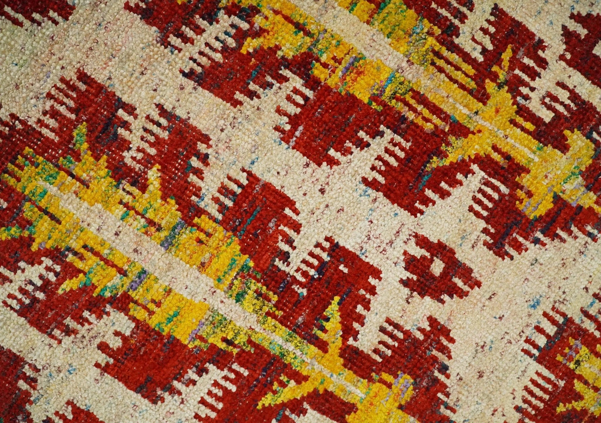 Hand Knotted Beige, Rust and Gold Modern Contemporary Southwestern Tribal Trellis Recycled Silk Area Rug