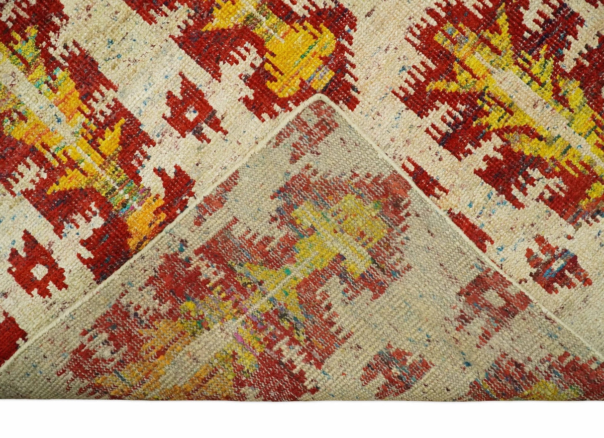Hand Knotted Beige, Rust and Gold Modern Contemporary Southwestern Tribal Trellis Recycled Silk Area Rug