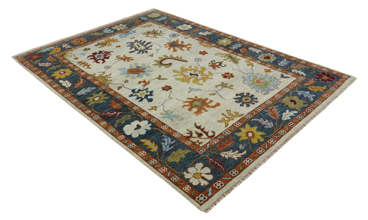 Hand Knotted Beige, Teal and Rust Traditional Oushak Multi size Wool Area Rug
