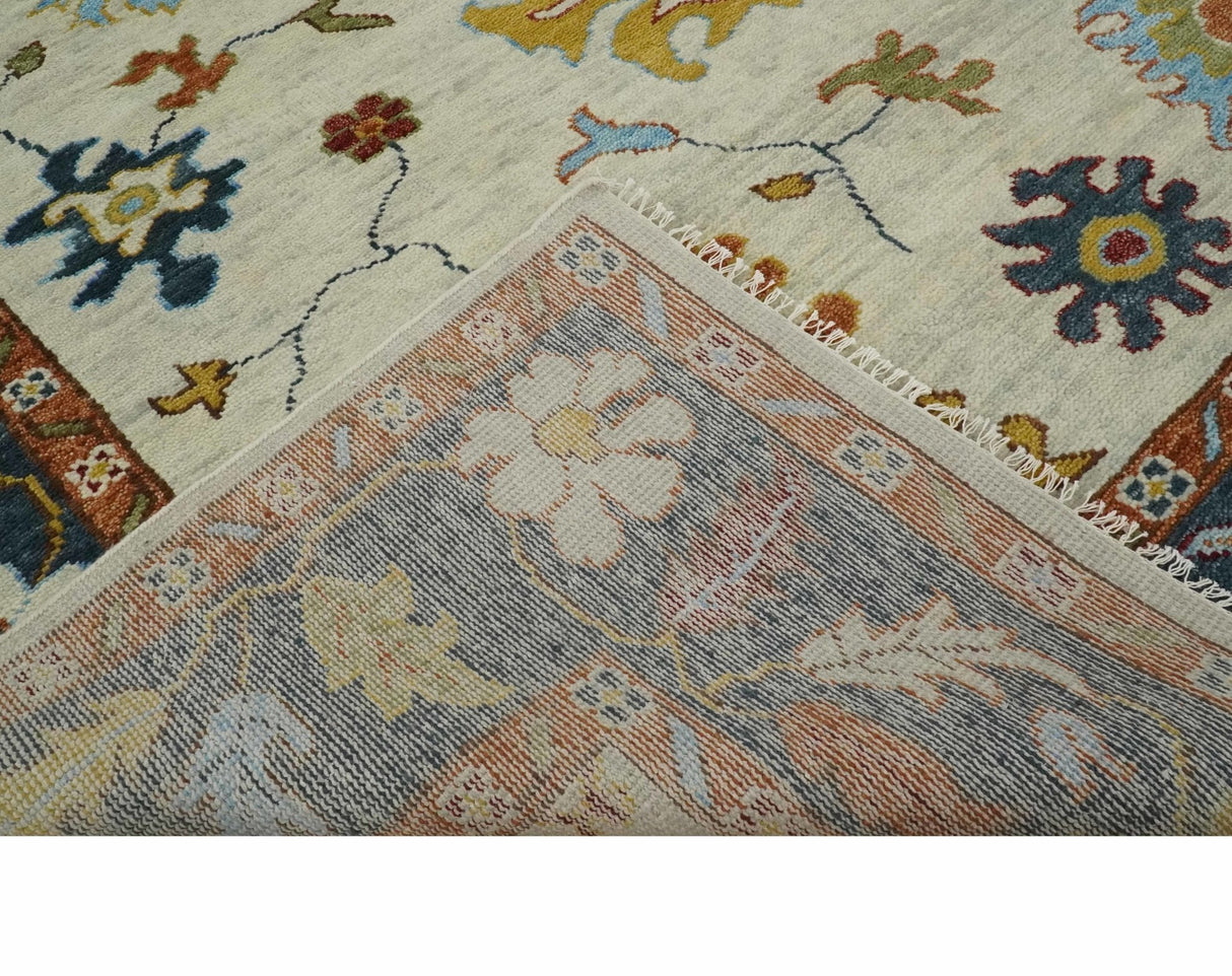 Hand Knotted Beige, Teal and Rust Traditional Oushak Multi size Wool Area Rug