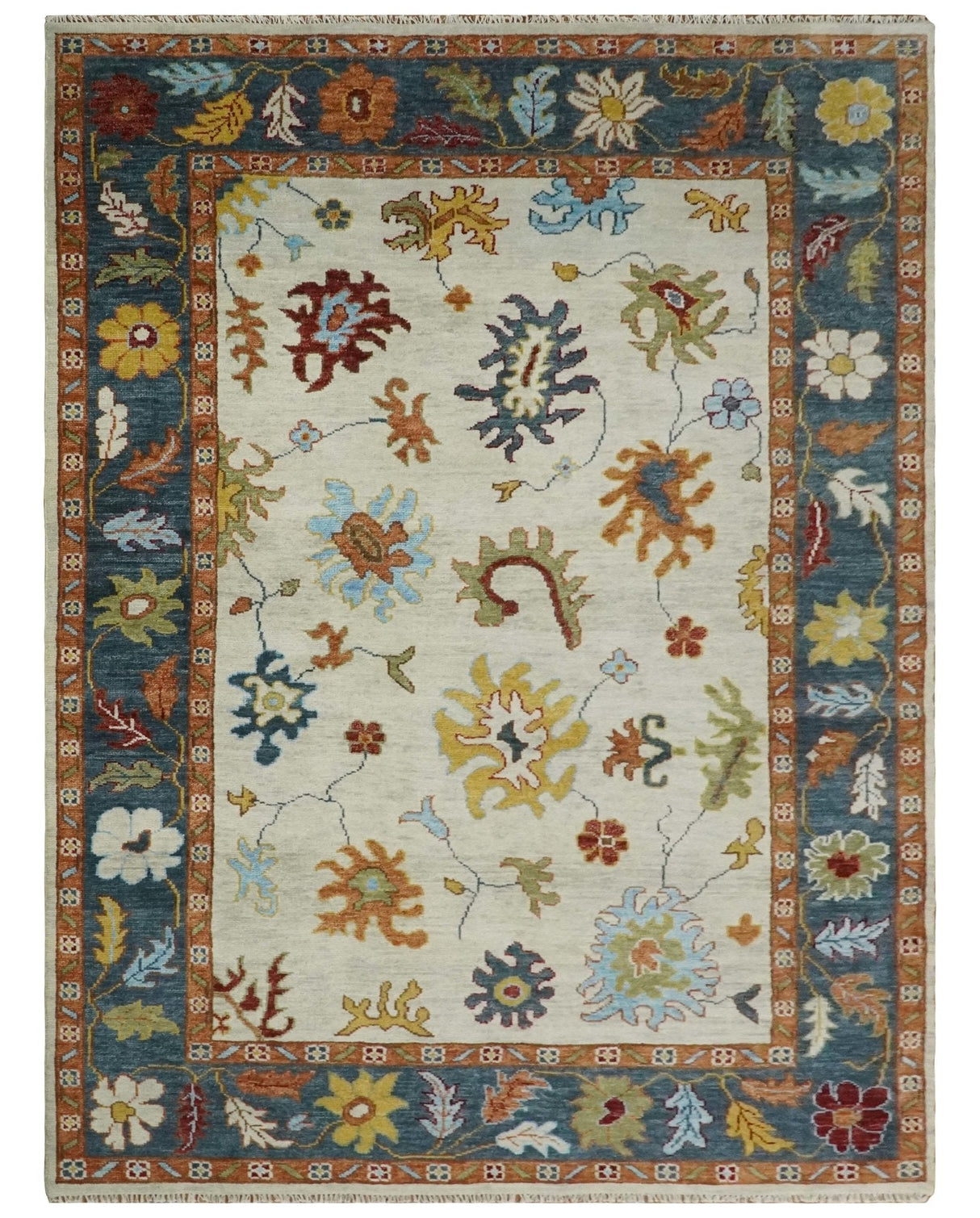 Hand Knotted Beige, Teal and Rust Traditional Oushak Multi size Wool Area Rug