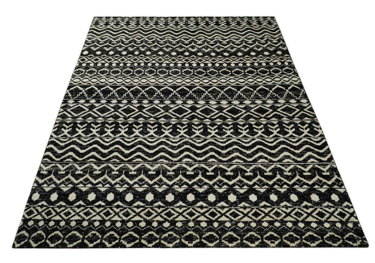 Hand Knotted Black and Ivory Modern Contemporary Southwestern Tribal Trellis Recycled Silk Area Rug