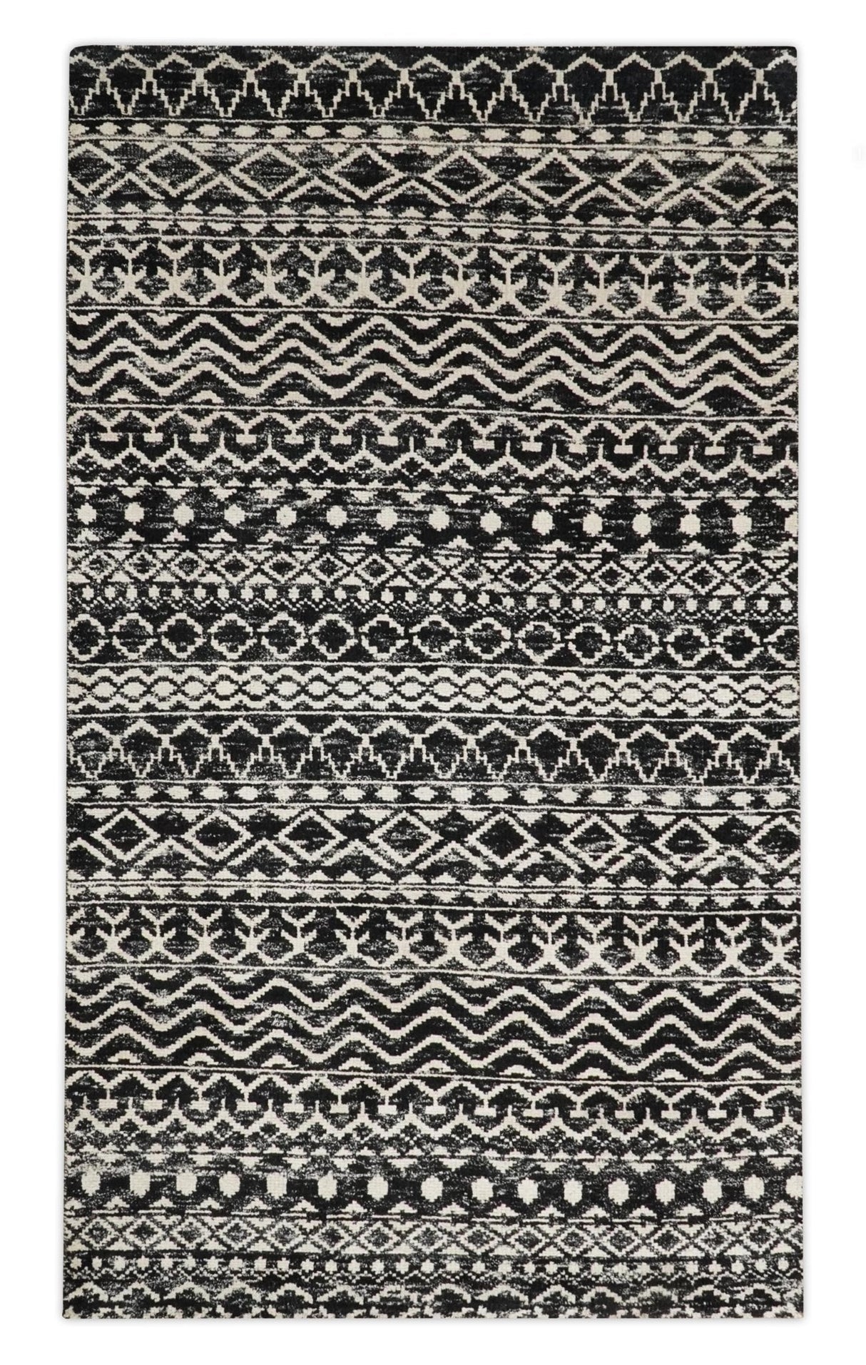 Hand Knotted Black and Ivory Modern Contemporary Southwestern Tribal Trellis Recycled Silk Area Rug