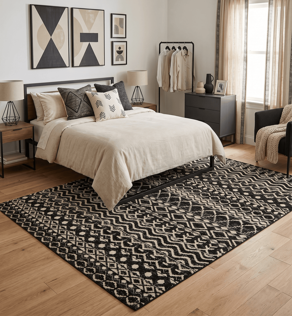 Hand Knotted Black and Ivory Modern Contemporary Southwestern Tribal Trellis Recycled Silk Area Rug