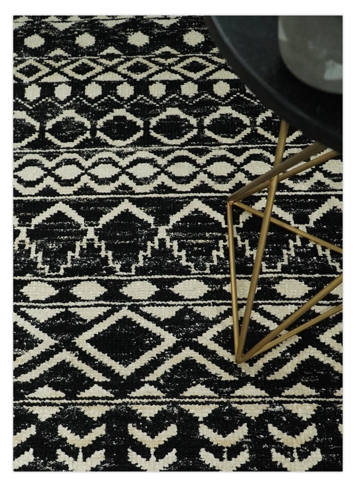 Hand Knotted Black and Ivory Modern Contemporary Southwestern Tribal Trellis Recycled Silk Area Rug