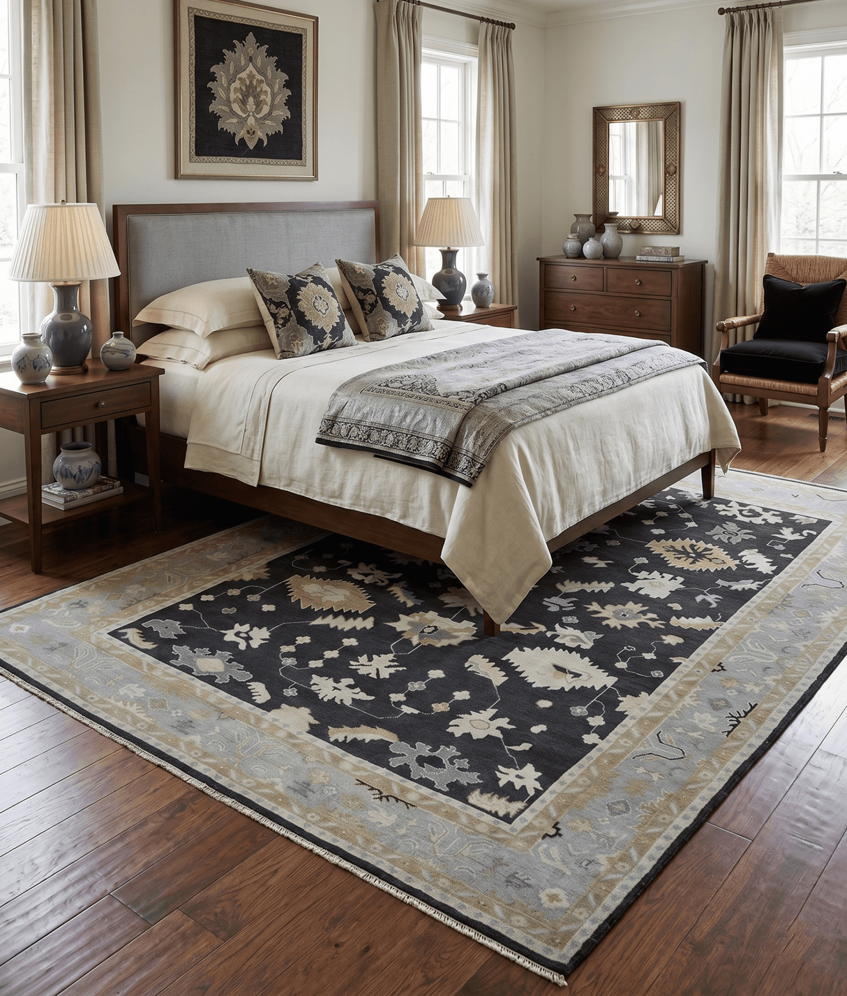 Hand Knotted Black, Beige and Silver Traditional Oushak Wool Rug