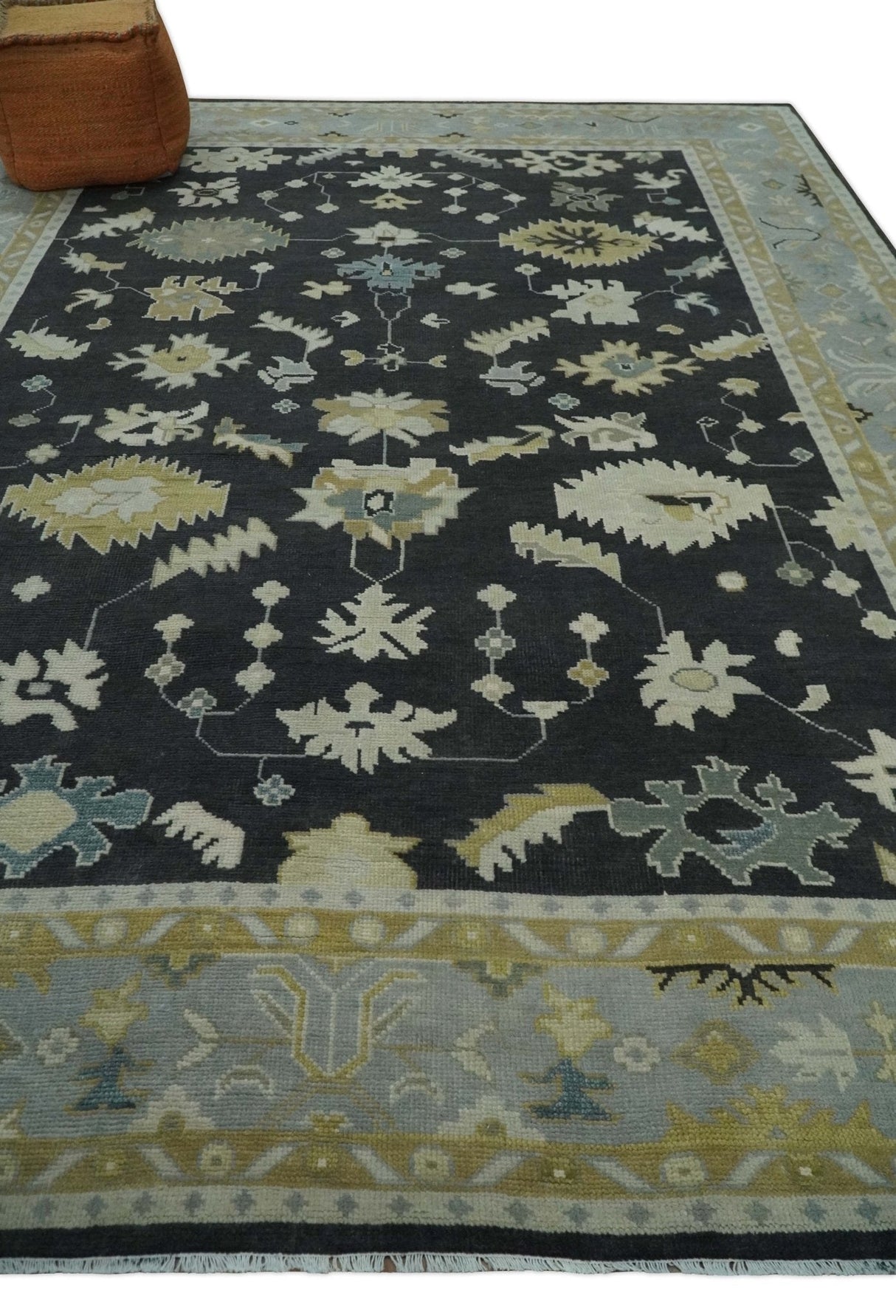 Hand Knotted Black, Beige and Silver Traditional Oushak Wool Rug