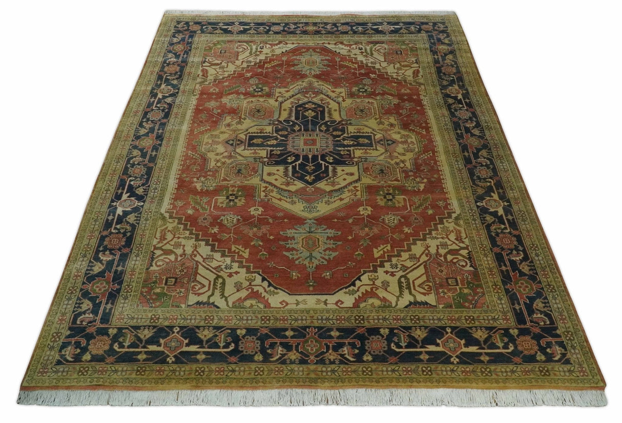 Hand Knotted Black, Rust and Beige 9x12 Traditional Heriz Serapi Wool Area Rug
