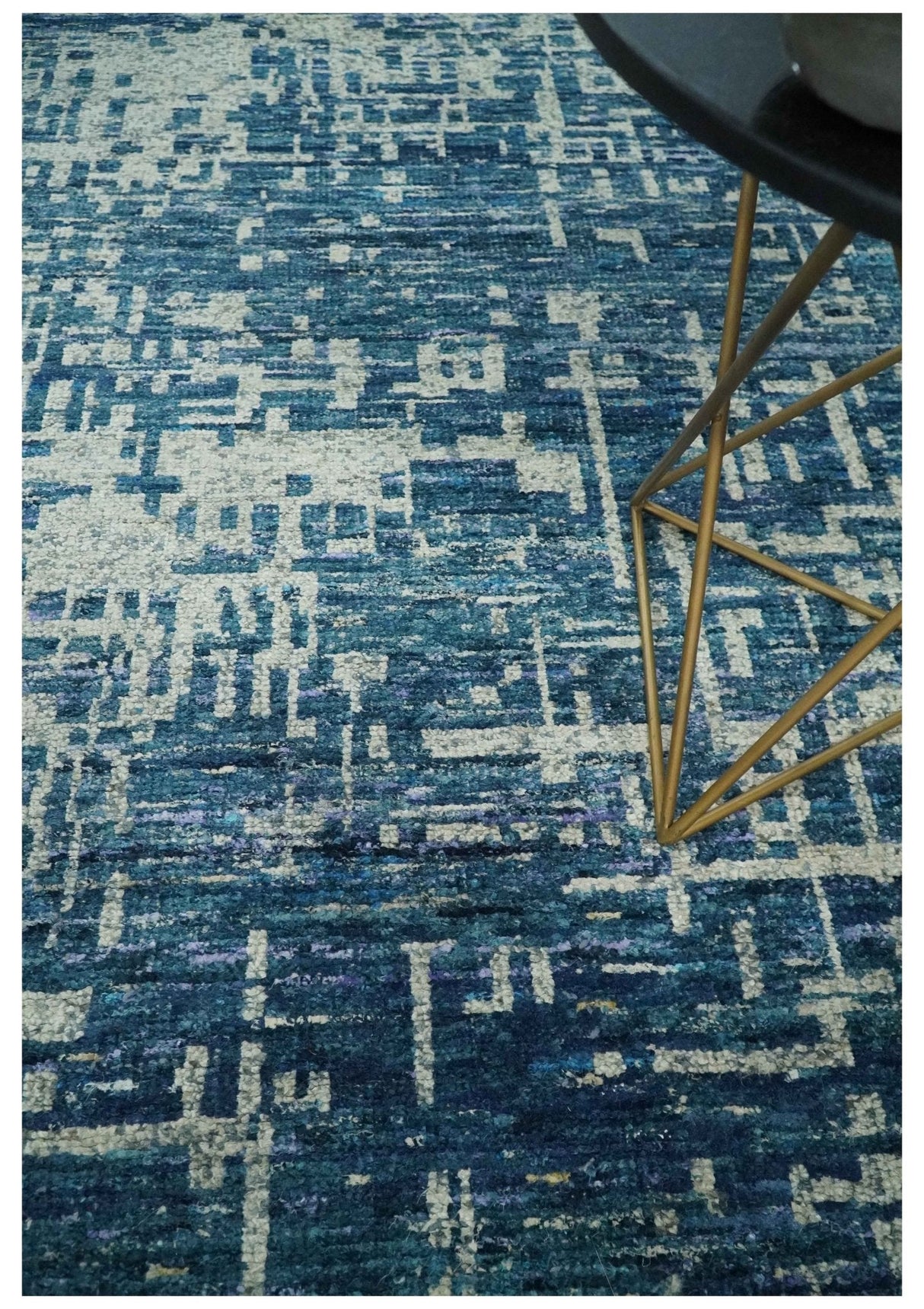 Hand Knotted Blue and Beige Modern Abstract Contemporary Recycled Art Silk Area Rug-Area Rug-Parc Decor