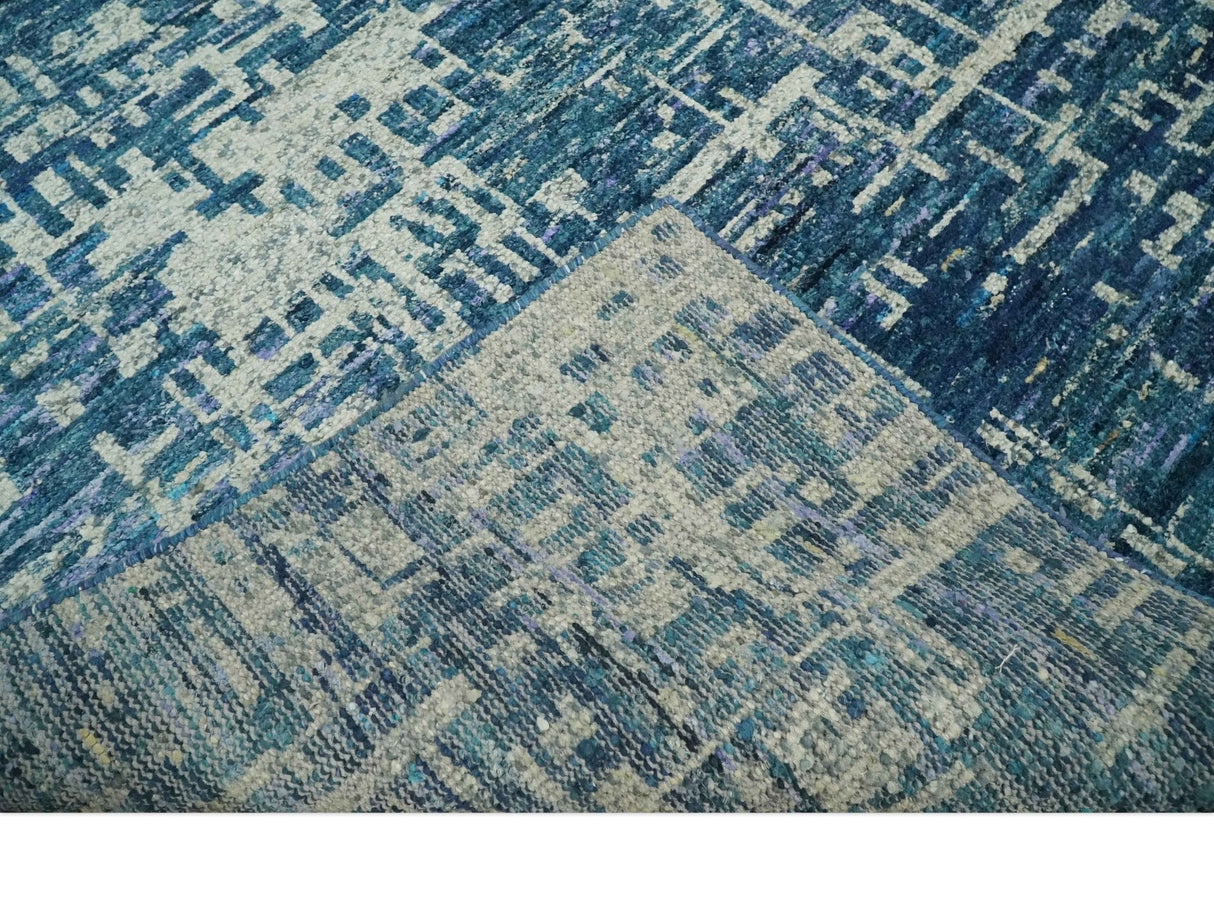 Hand Knotted Blue and Beige Modern Abstract Contemporary Recycled Art Silk Area Rug-Area Rug-Parc Decor