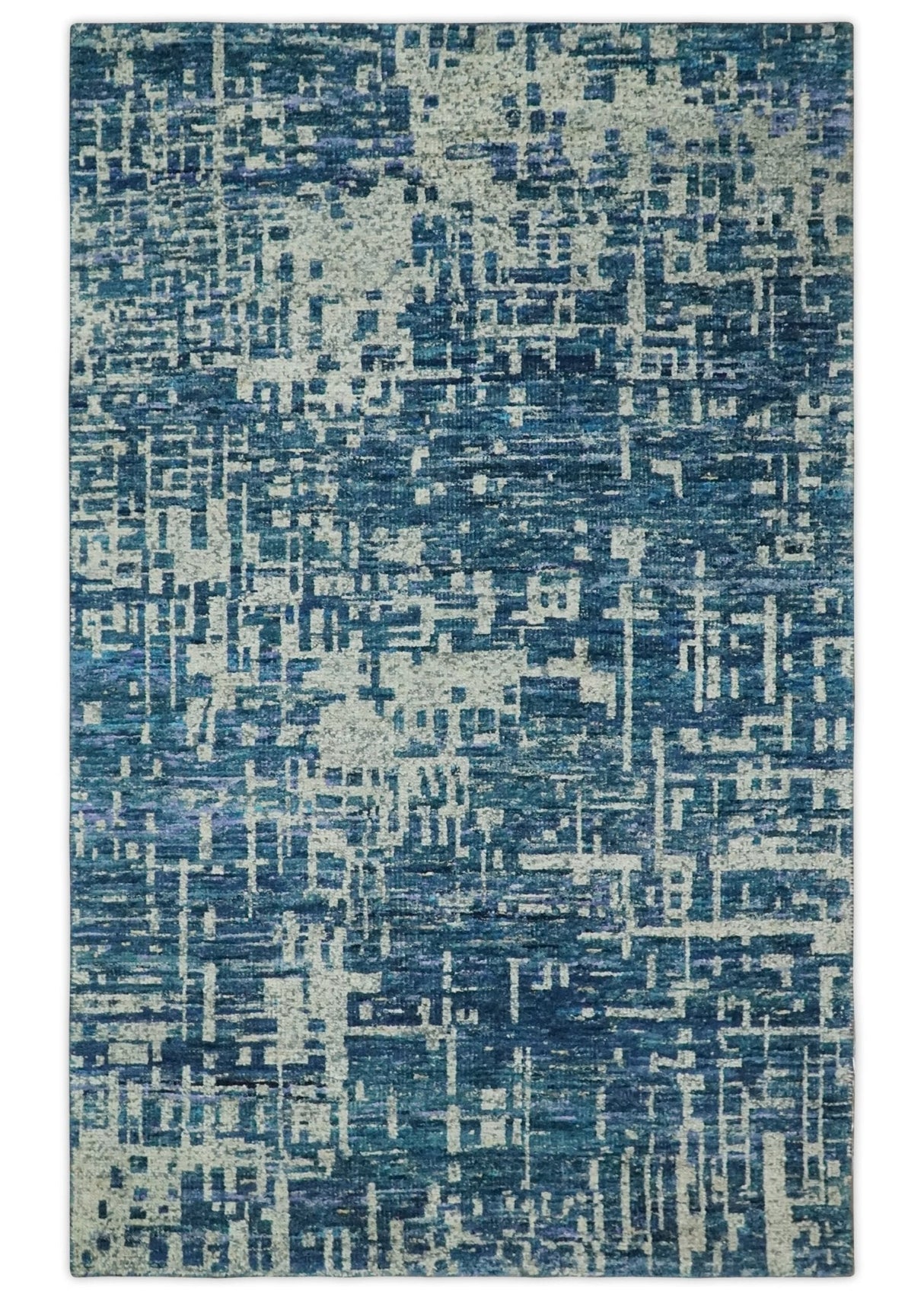 Hand Knotted Blue and Beige Modern Abstract Contemporary Recycled Art Silk Area Rug-Area Rug-Parc Decor
