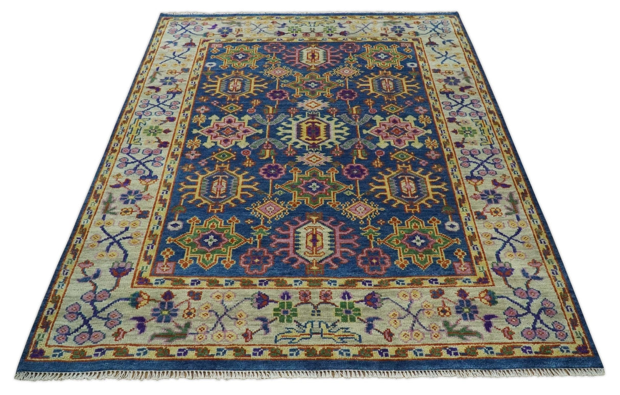 Hand Knotted Blue and Beige Persian Design Wool Rug