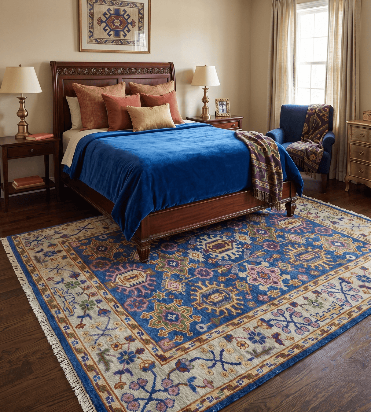 Hand Knotted Blue and Beige Persian Design Wool Rug