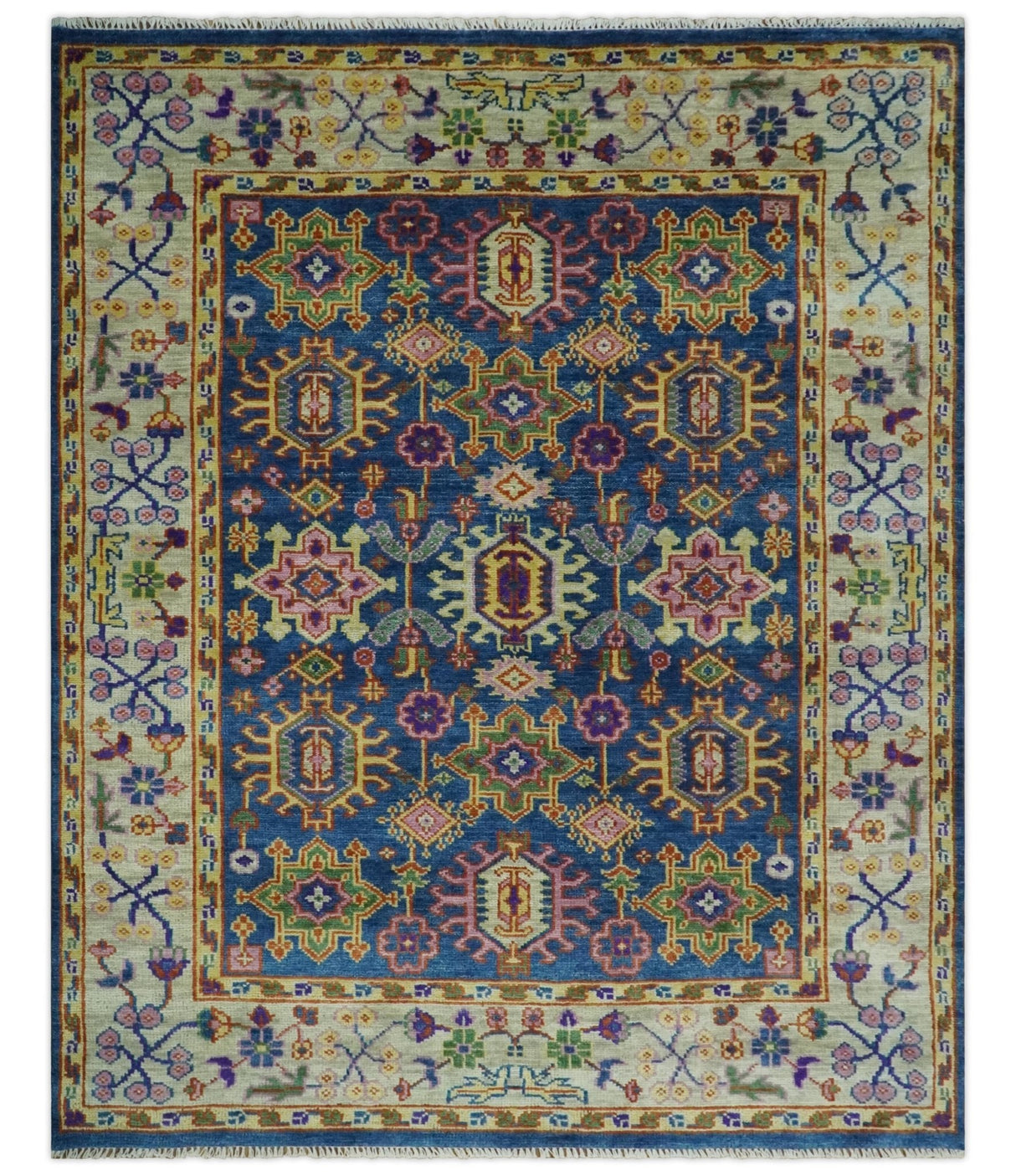 Hand Knotted Blue and Beige Persian Design Wool Rug