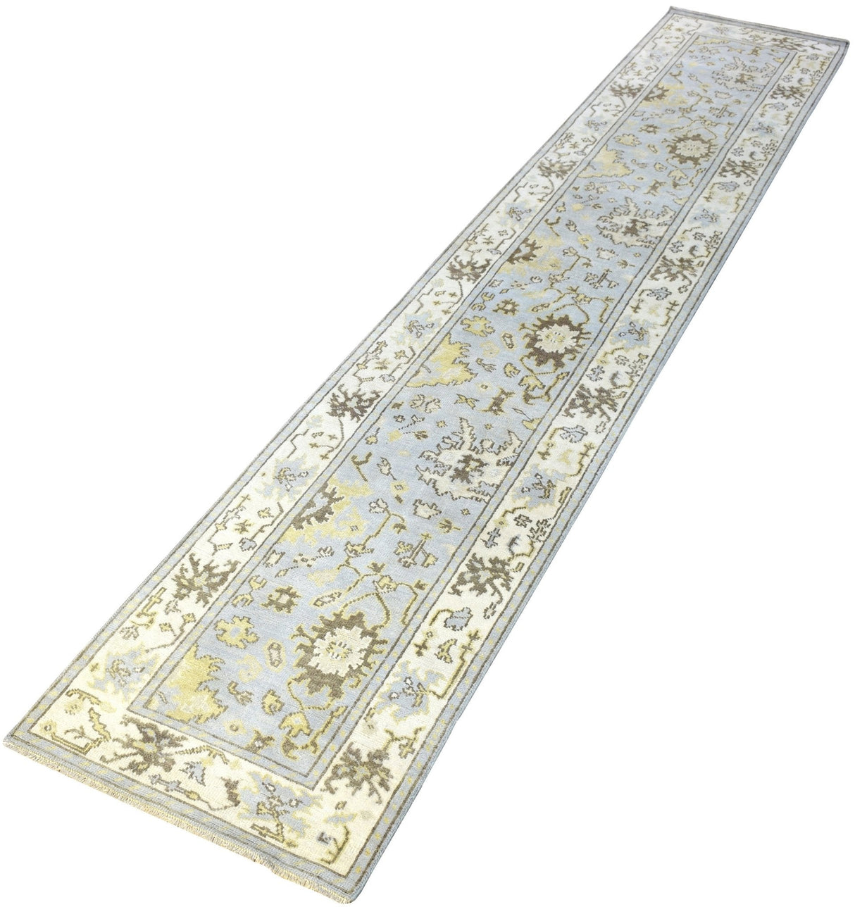 Hand Knotted Blue and Beige Traditional Oushak Wool Area Rug