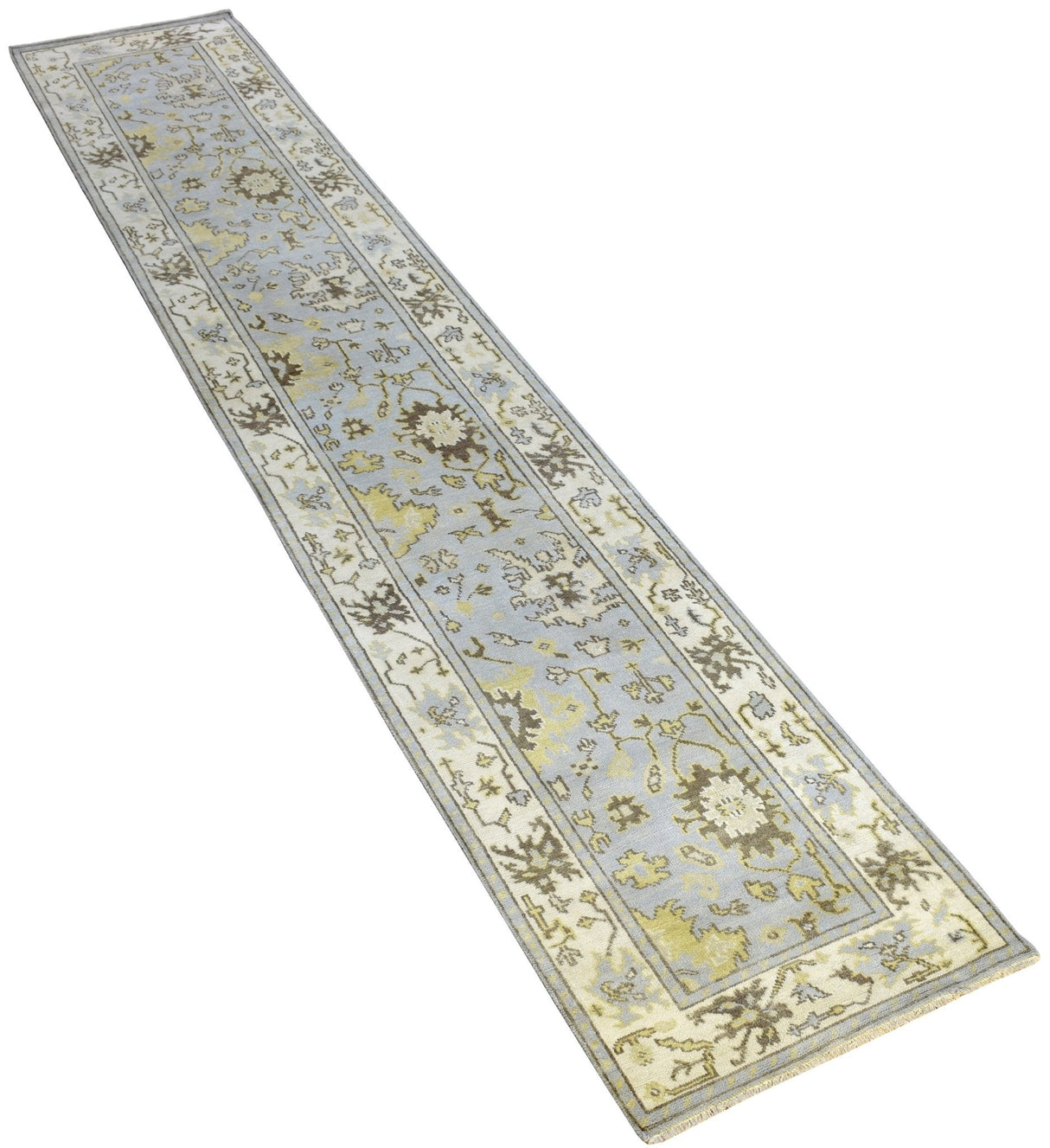 Hand Knotted Blue and Beige Traditional Oushak Wool Area Rug