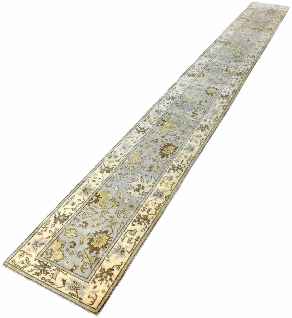 Hand Knotted Blue and Beige Traditional Oushak Wool Runner Rug