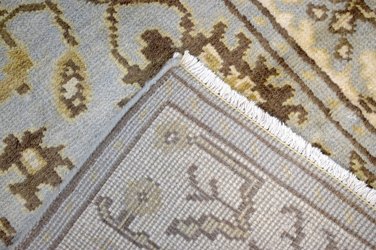 Hand Knotted Blue and Beige Traditional Oushak Wool Runner Rug