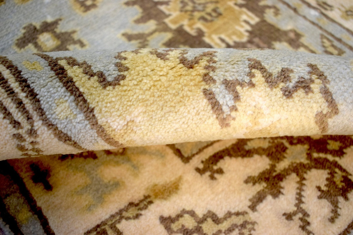 Hand Knotted Blue and Beige Traditional Oushak Wool Runner Rug