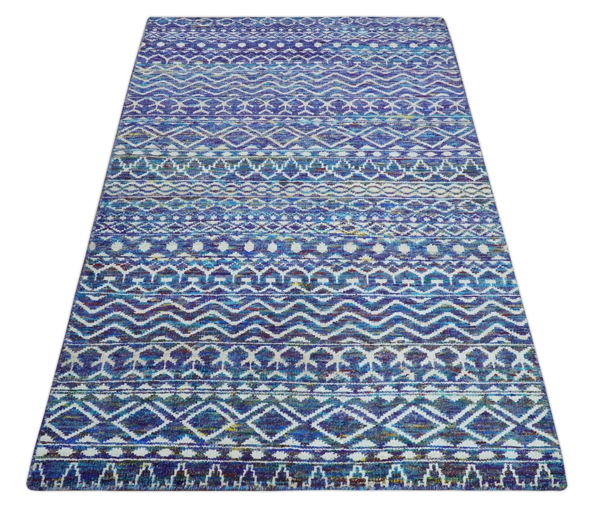 Hand Knotted Blue and Ivory 5.6x8.5 Modern Contemporary Southwestern Tribal Trellis Recycled Art Silk Area Rug-Area Rug-Parc Decor