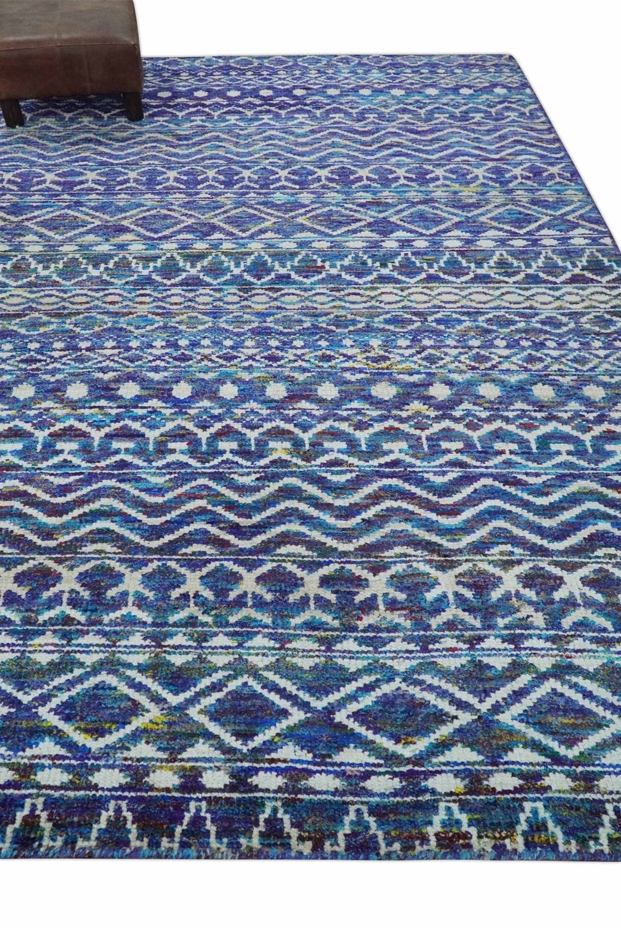 Hand Knotted Blue and Ivory 5.6x8.5 Modern Contemporary Southwestern Tribal Trellis Recycled Art Silk Area Rug-Area Rug-Parc Decor