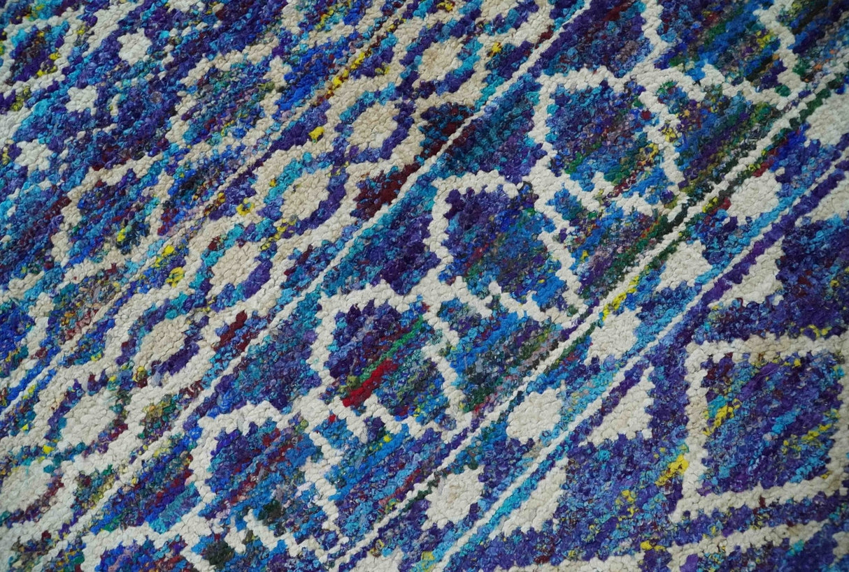 Hand Knotted Blue and Ivory 5.6x8.5 Modern Contemporary Southwestern Tribal Trellis Recycled Art Silk Area Rug-Area Rug-Parc Decor