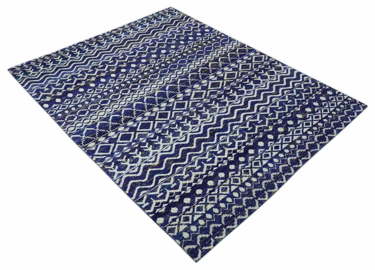 Hand Knotted Blue and Ivory 8x10 Southwestern Tribal Trellis Recycled Art Silk Area Rug-Area Rug-Parc Decor