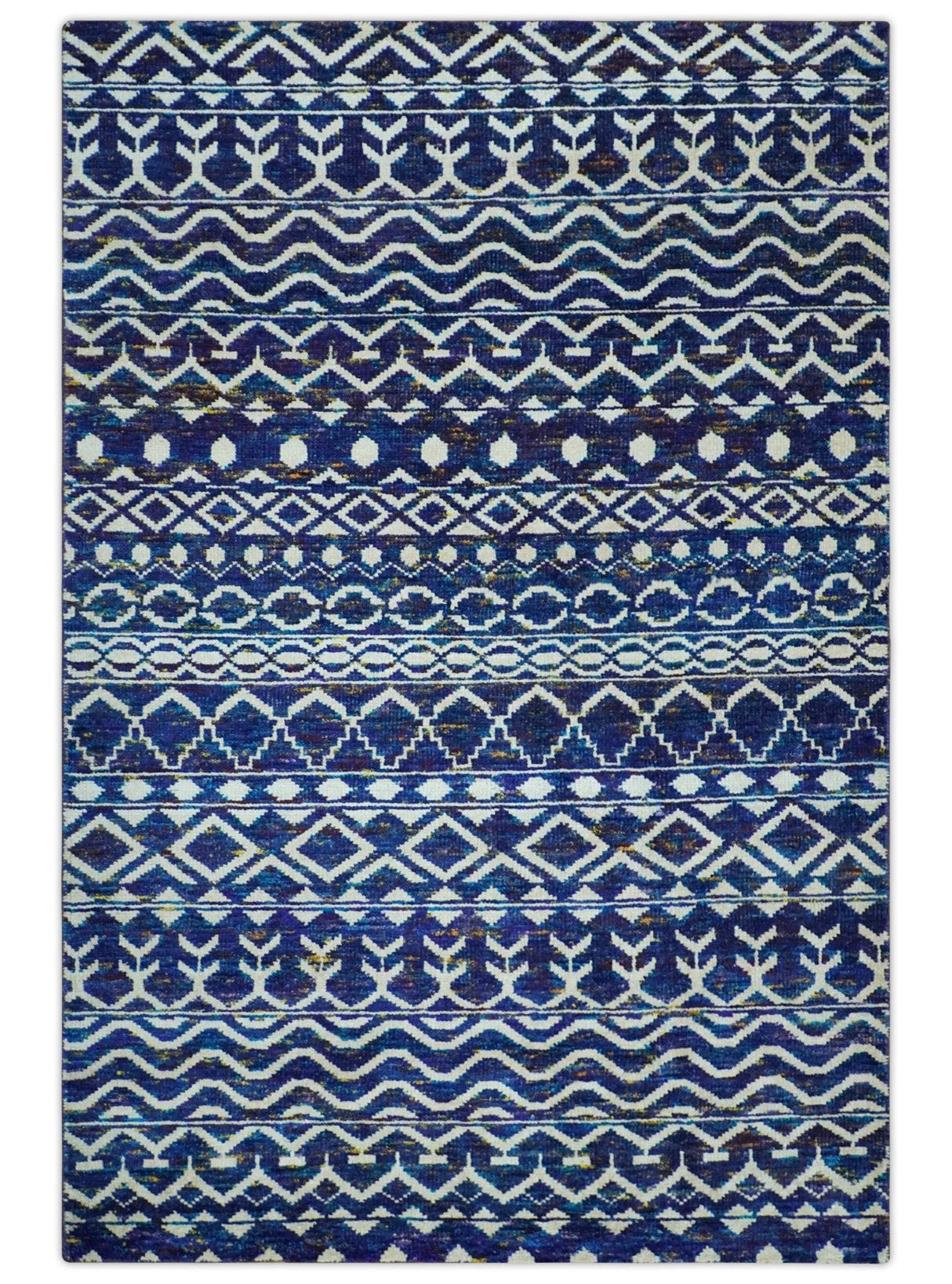 Hand Knotted Blue and Ivory 8x10 Southwestern Tribal Trellis Recycled Art Silk Area Rug-Area Rug-Parc Decor