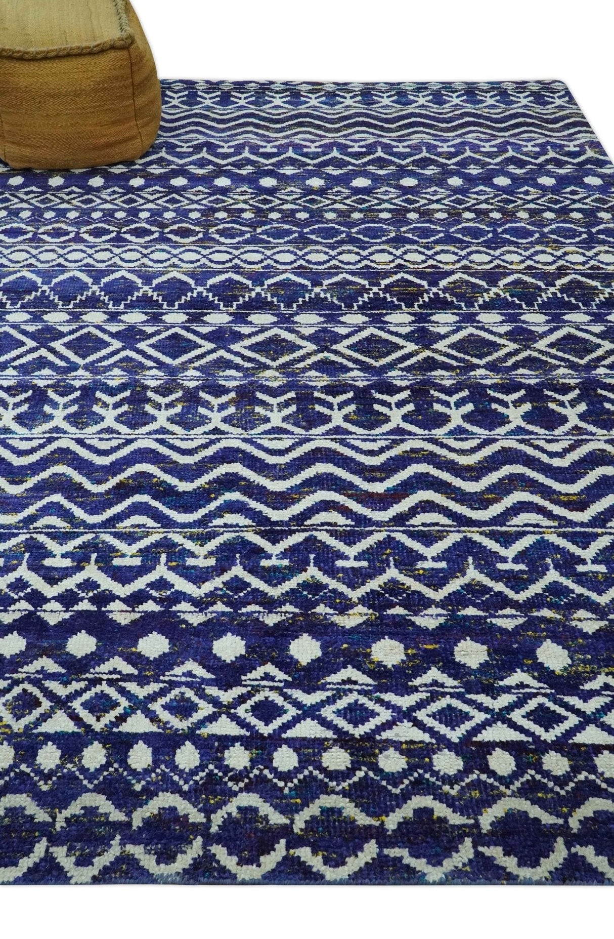 Hand Knotted Blue and Ivory 8x10 Southwestern Tribal Trellis Recycled Art Silk Area Rug-Area Rug-Parc Decor