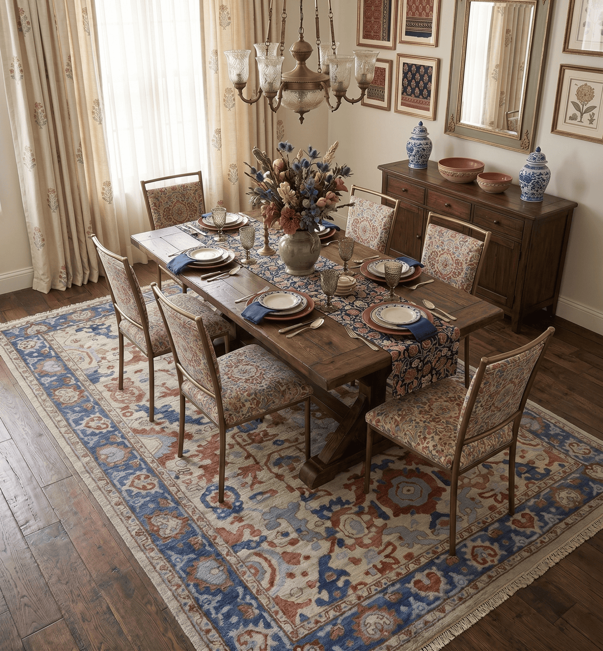 Hand Knotted Blue and Ivory Antique Vintage Style Custom Made Wool Rug