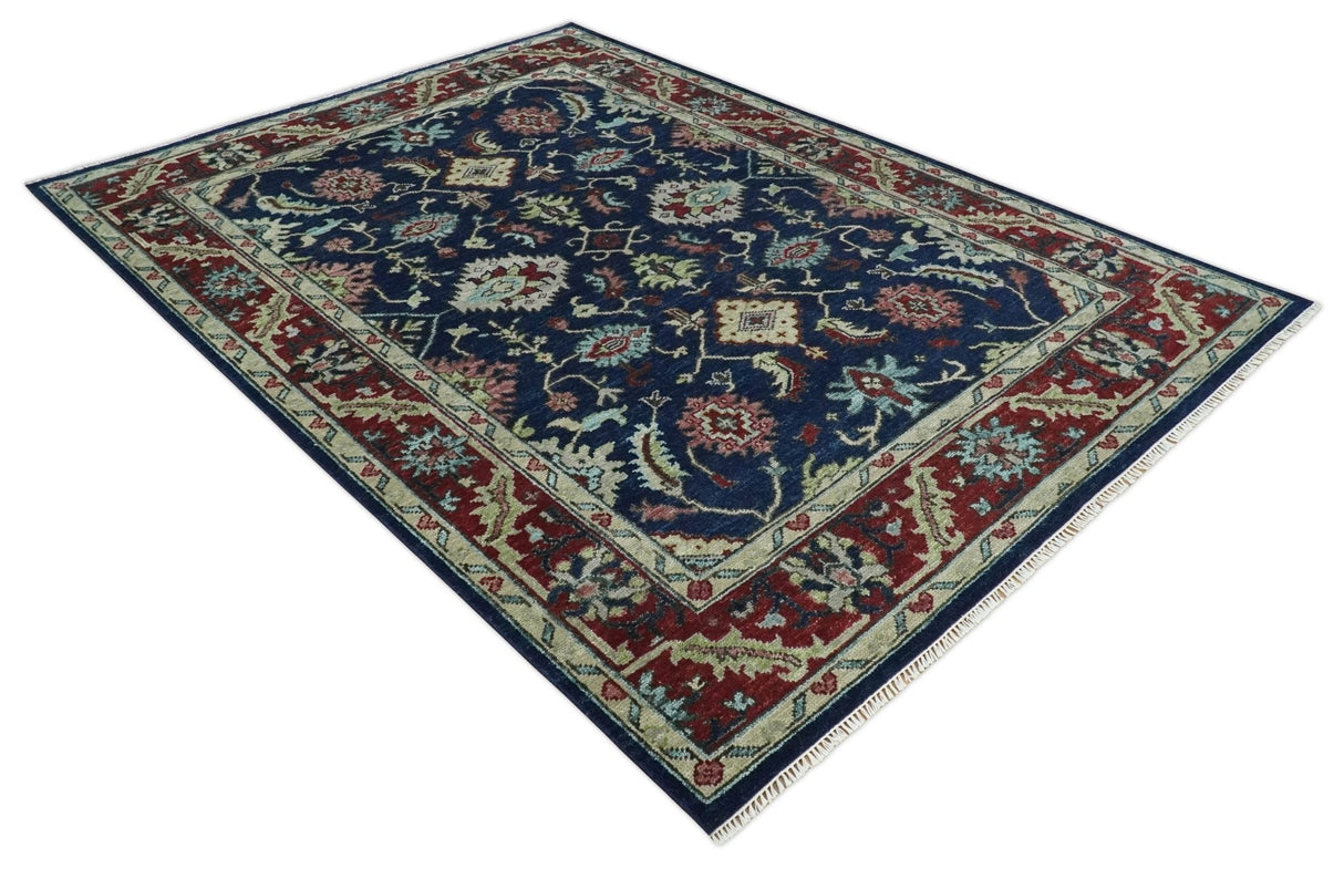 Hand Knotted Blue and Maroon Traditional Oriental Oushak Custom Made Wool Area Rug