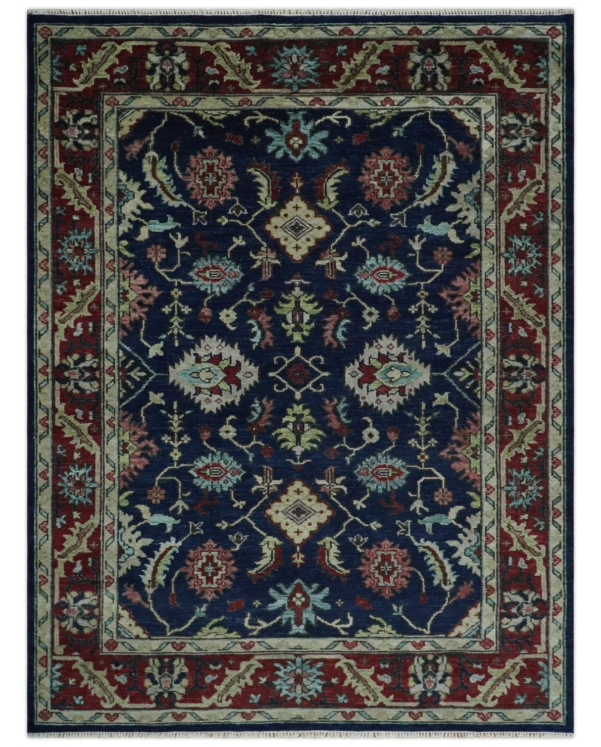 Hand Knotted Blue and Maroon Traditional Oriental Oushak Custom Made Wool Area Rug