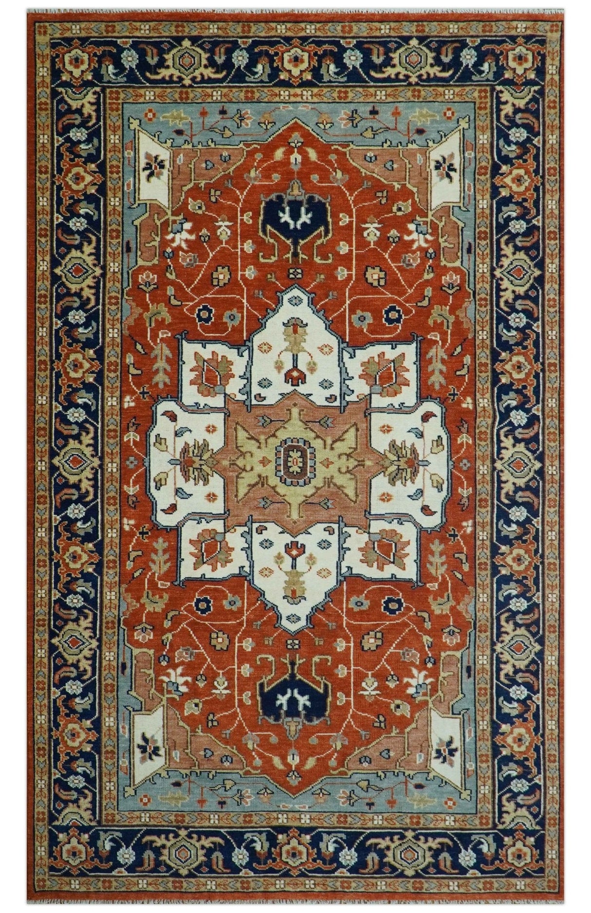 Hand Knotted Blue and Rust Traditional Heriz Multi Size Wool Area Rug