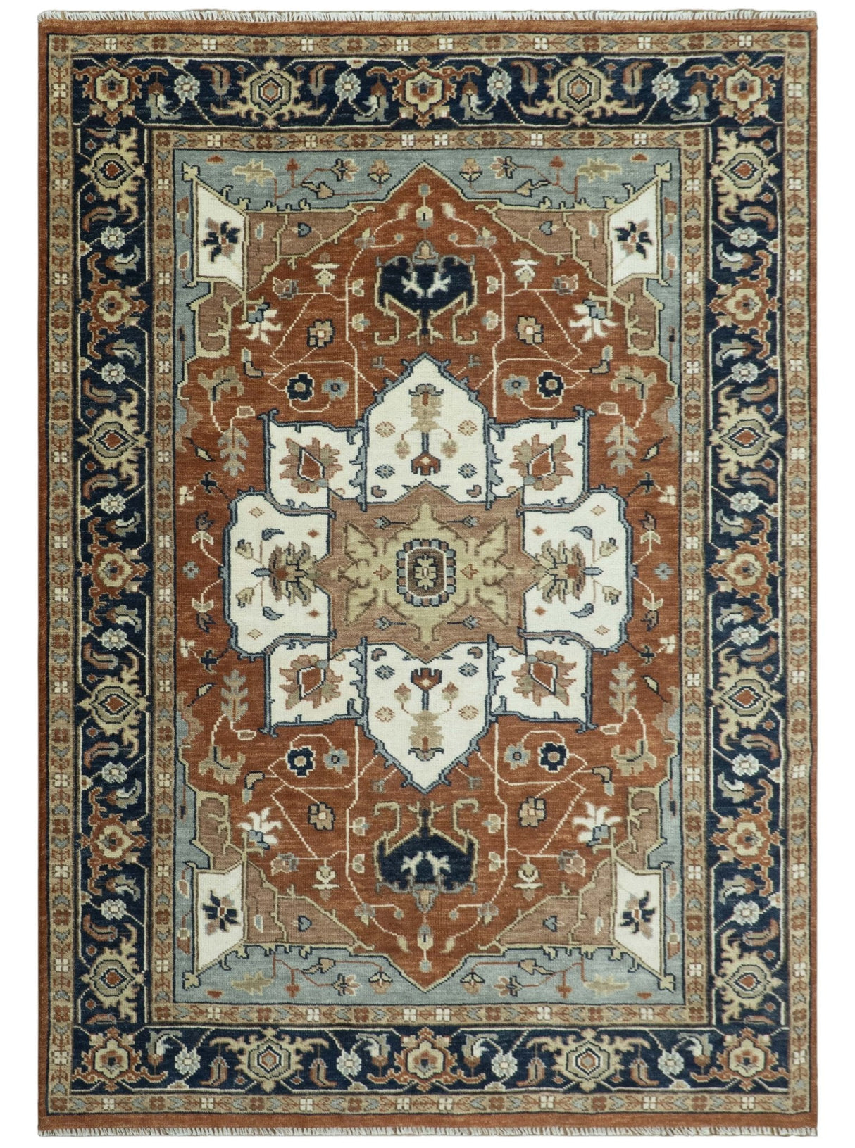 Hand Knotted Blue and Rust Traditional Heriz Multi Size Wool Area Rug