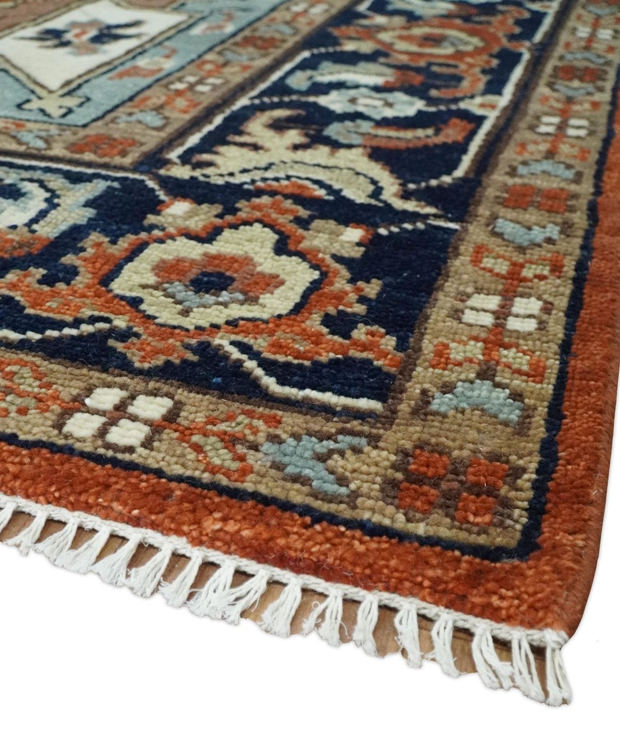 Hand Knotted Blue and Rust Traditional Heriz Multi Size Wool Area Rug