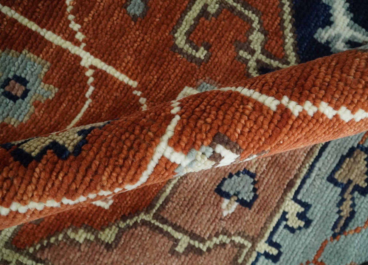 Hand Knotted Blue and Rust Traditional Heriz Multi Size Wool Area Rug