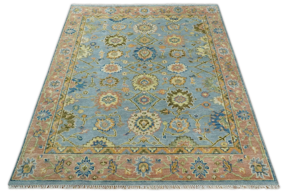 Hand Knotted Blue and Rust Traditional Oushak Area Rug