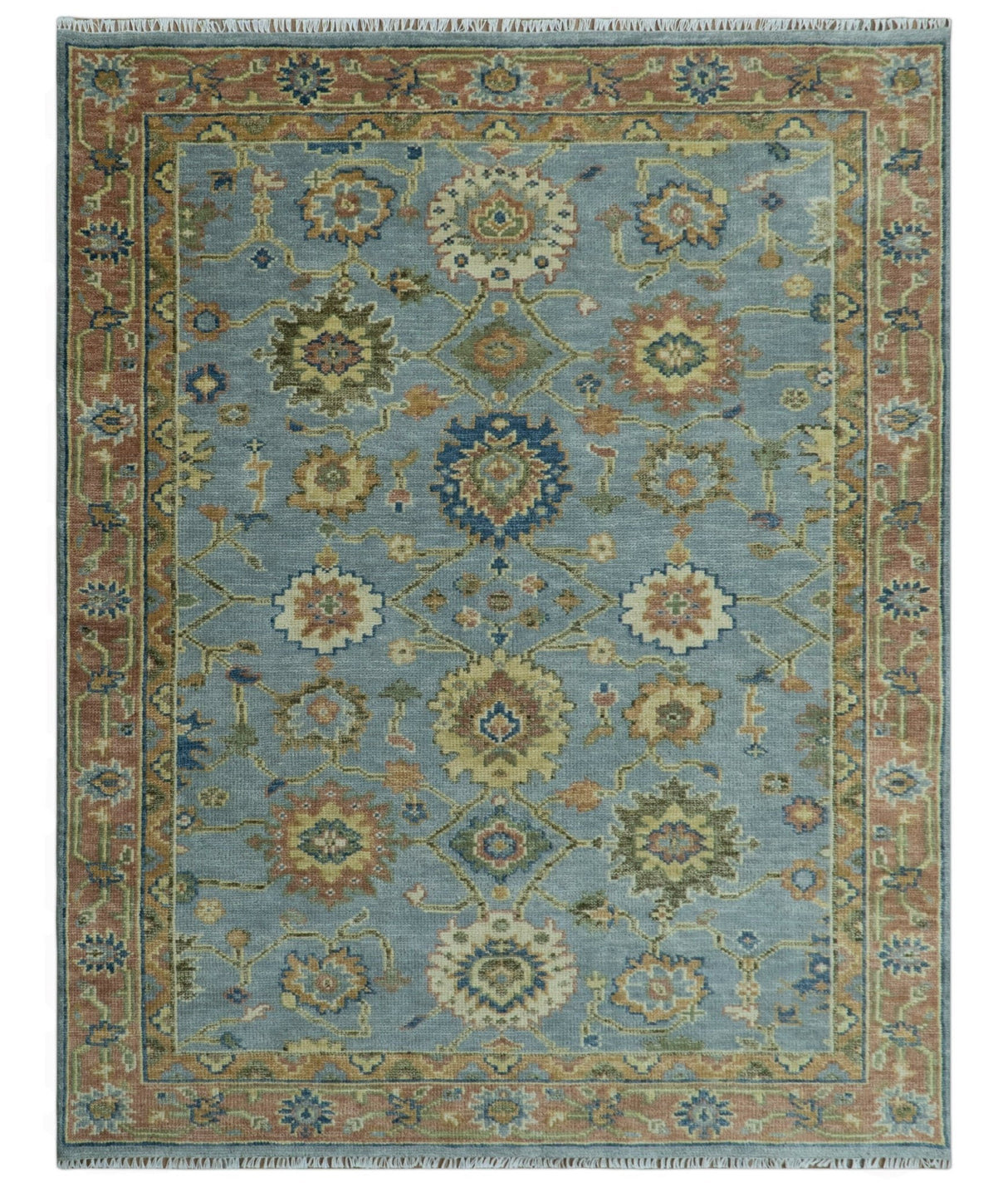 Hand Knotted Blue and Rust Traditional Oushak Area Rug