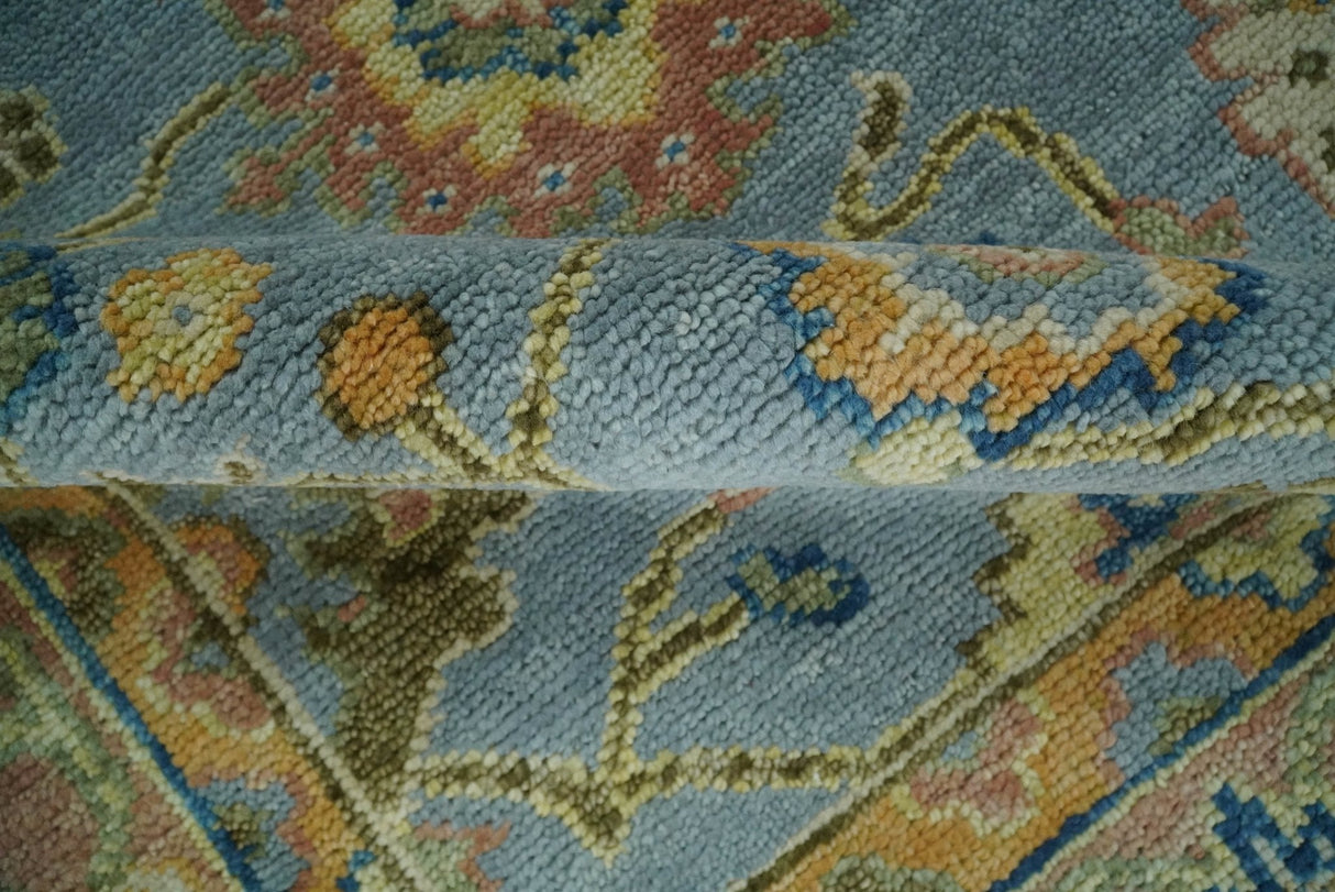 Hand Knotted Blue and Rust Traditional Oushak Area Rug