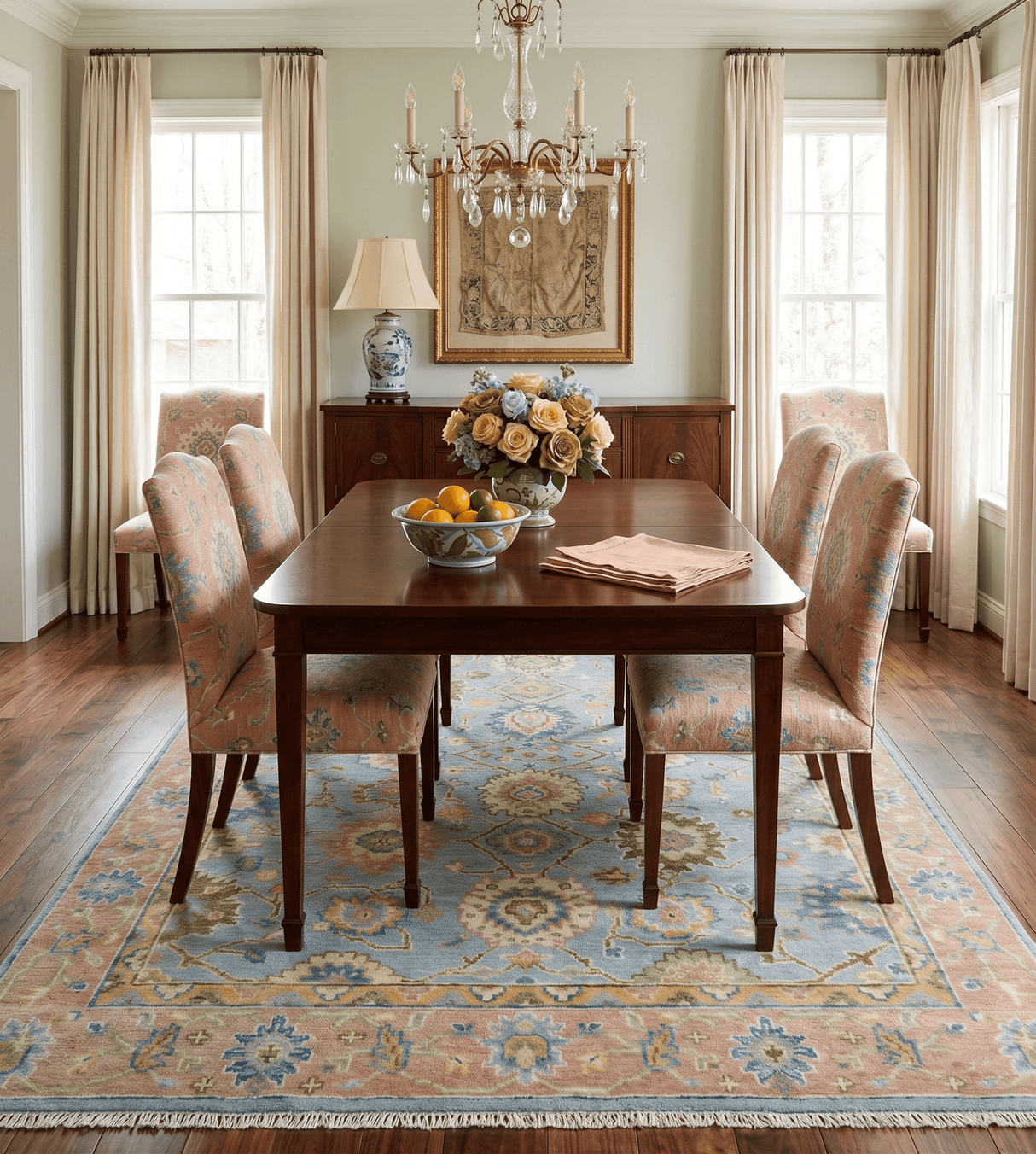 Hand Knotted Blue and Rust Traditional Oushak Area Rug