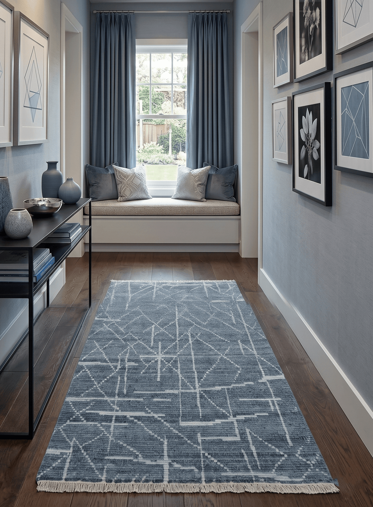 Hand Knotted Blue and Silver Trellis Moroccan Blended Wool Rug