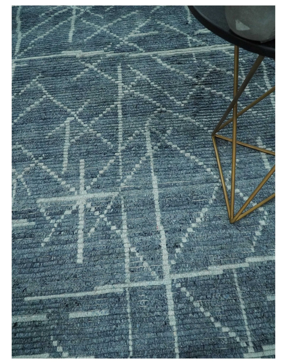 Hand Knotted Blue and Silver Trellis Moroccan Blended Wool Rug