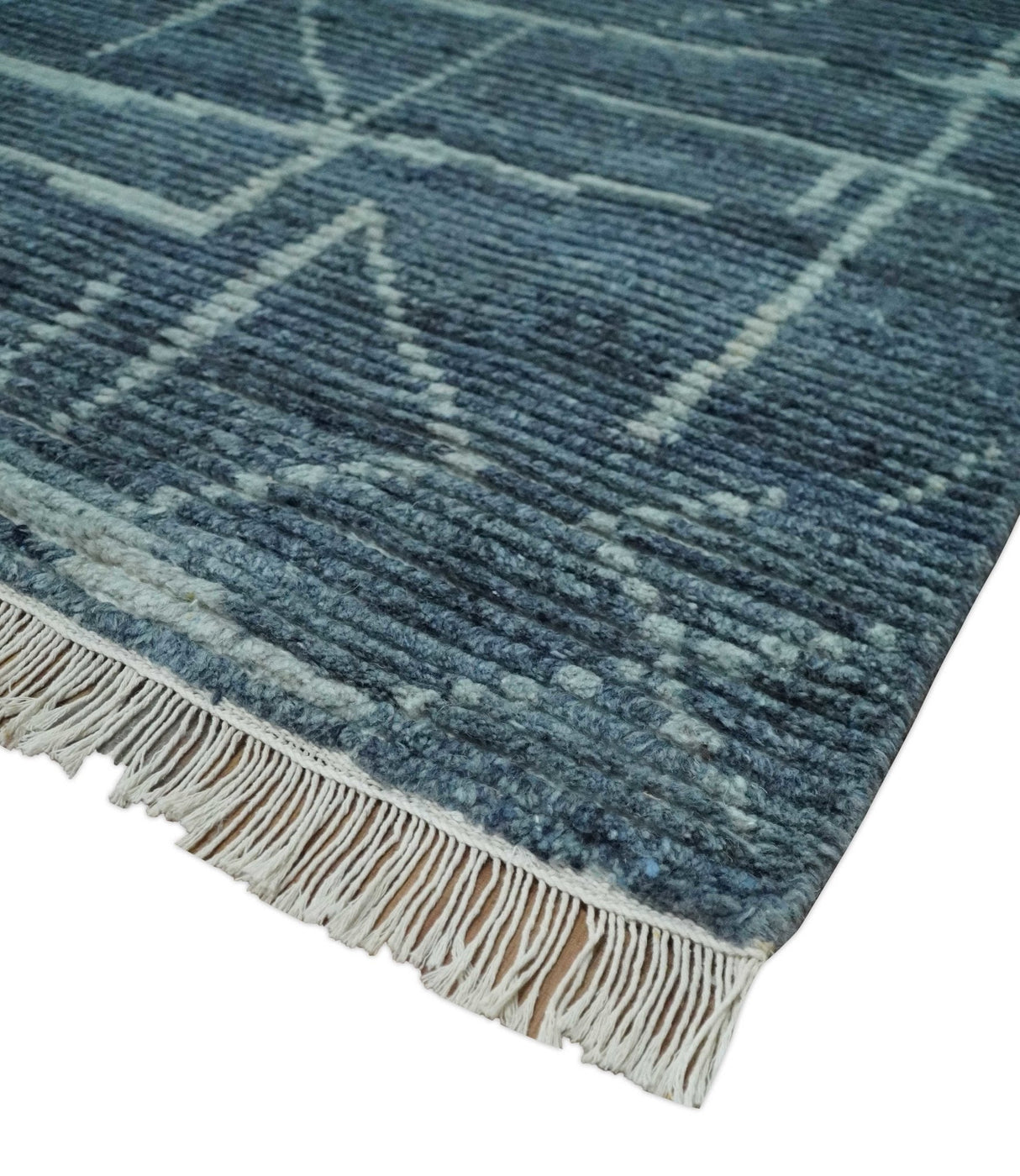 Hand Knotted Blue and Silver Trellis Moroccan Blended Wool Rug