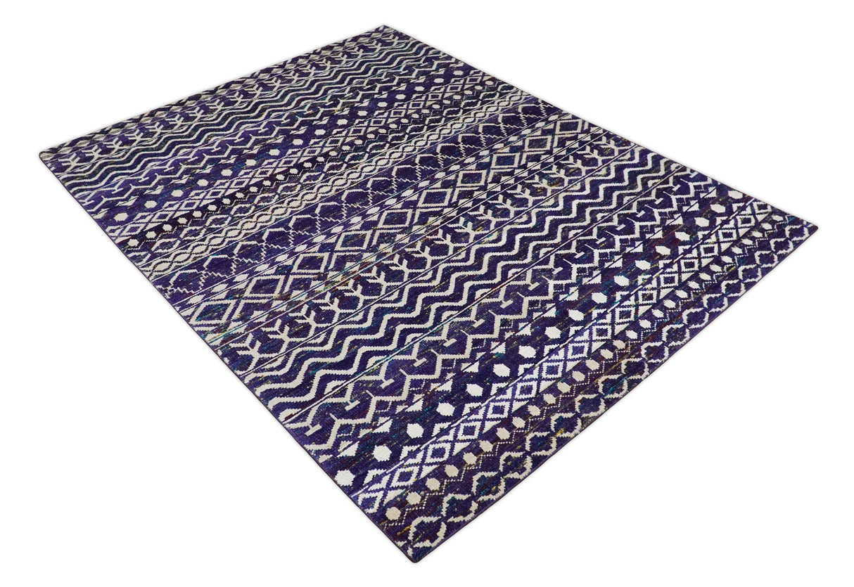 Hand Knotted Blue and White Modern Contemporary Southwestern Tribal Trellis Recycled Silk Area Rug | OP6