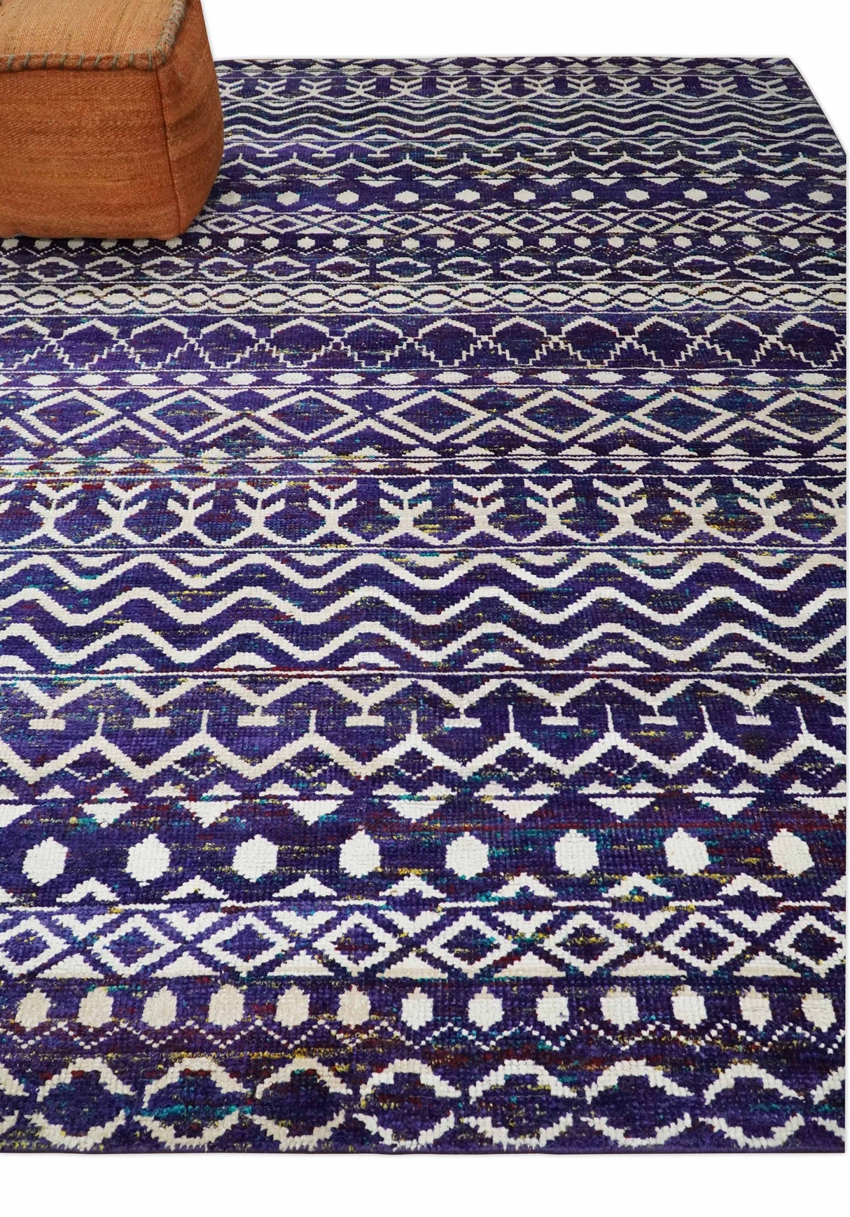 Hand Knotted Blue and White Modern Contemporary Southwestern Tribal Trellis Recycled Silk Area Rug | OP6