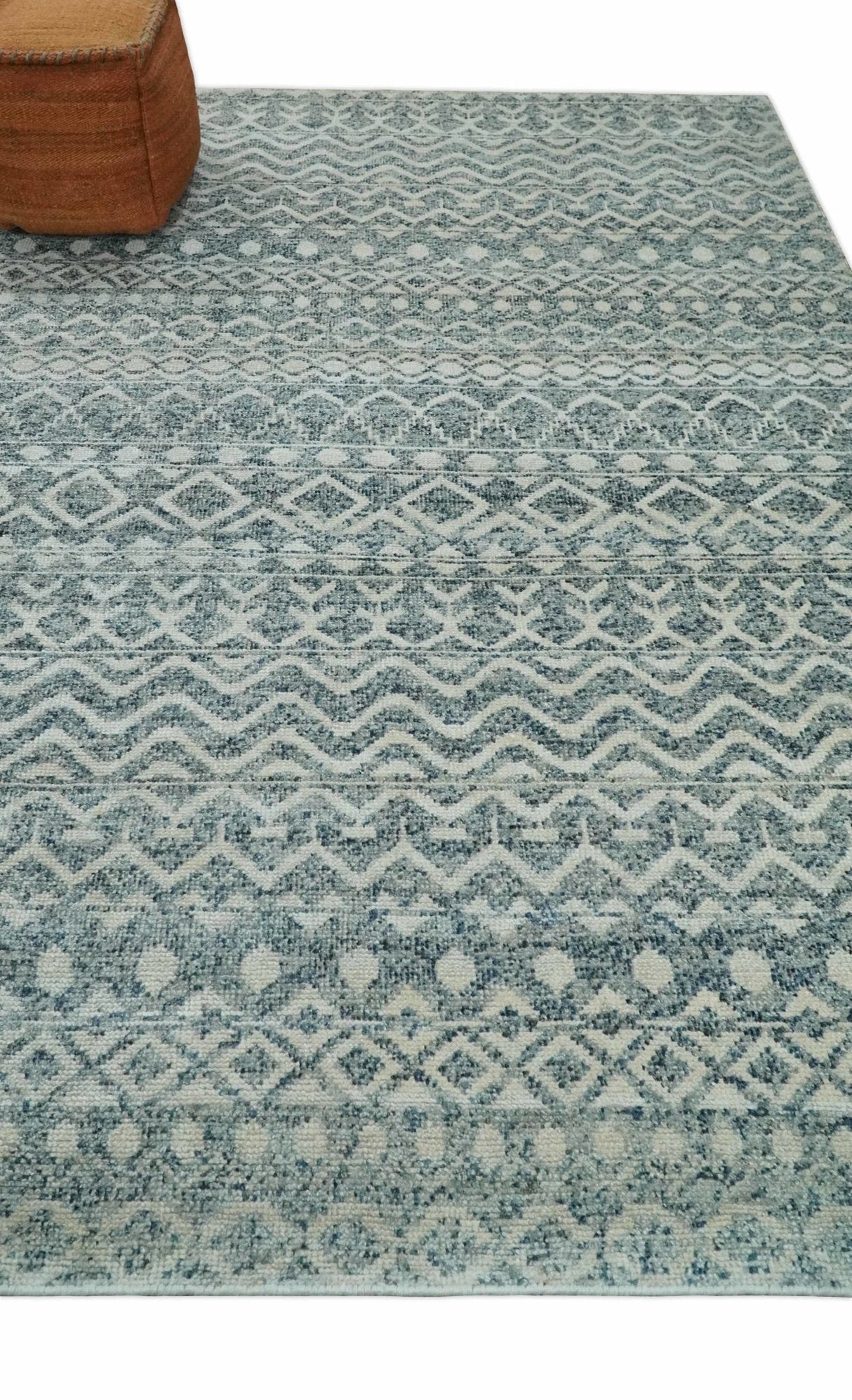 Hand Knotted Blue, Beige and Camel Modern Contemporary Southwestern Tribal Trellis Recycled Silk Area Rug