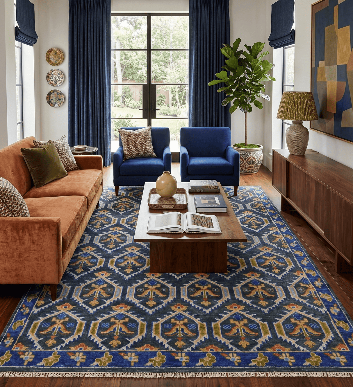 Hand Knotted Blue, Gold and Moss Green Vintage Style Custom Made wool Area Rug