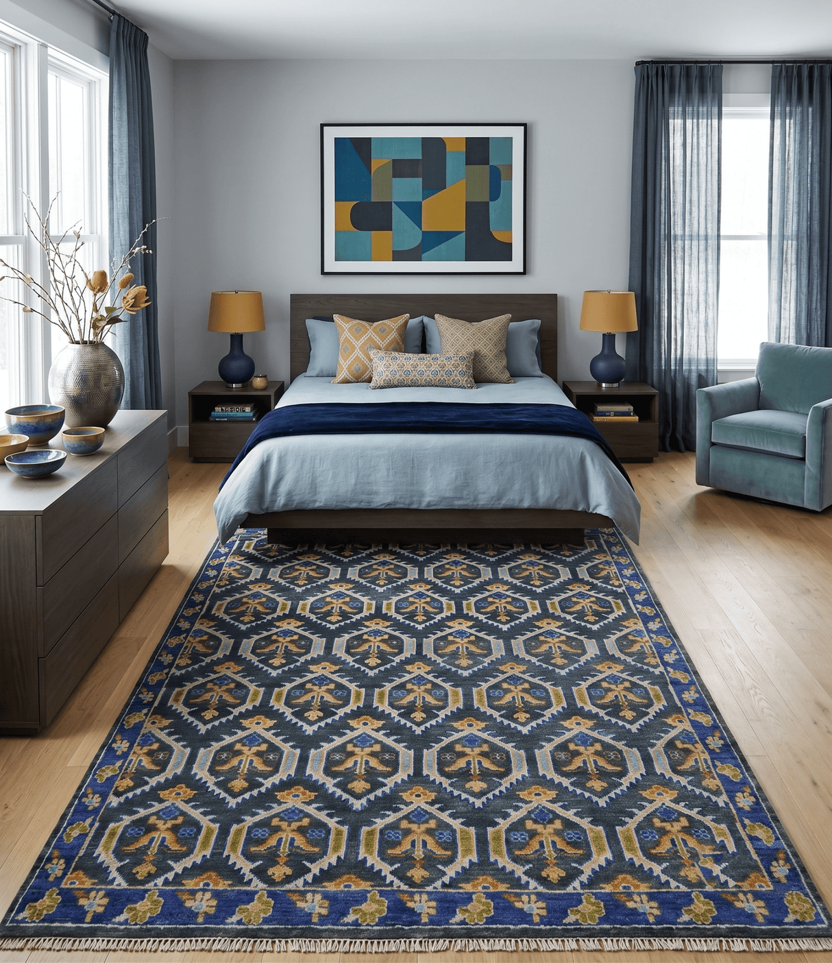 Hand Knotted Blue, Gold and Moss Green Vintage Style Custom Made wool Area Rug